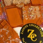 Nureh Rust Orange Embroidered Karandi Suit with Printed Sufon Dupatta – 3 Piece