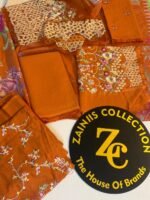 Nureh Rust Orange Embroidered Karandi Suit with Printed Sufon Dupatta – 3 Piece