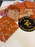 Nureh Rust Orange Embroidered Karandi Suit with Printed Sufon Dupatta – 3 Piece - Image 3