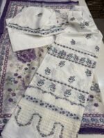 Nureh White Embroidered Lawn 3-Piece Suit with Purple Floral Printed Chiffon Dupatta - Image 3