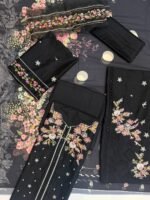 Nureh Black Embroidered Lawn 3-Piece Suit with Floral Printed Chiffon Dupatta - Image 2
