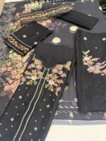 Nureh Black Embroidered Lawn 3-Piece Suit with Floral Printed Chiffon Dupatta - Image 3