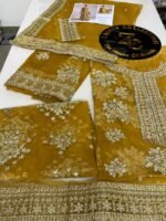 Mustard Golden Embroidered Luxury Formal Suit – Hussain Rehar 1360 - Image 3