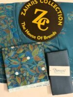 Bareeze Teal Blue Floral Printed 3-Piece Unstitched Suit with Matching Trouser