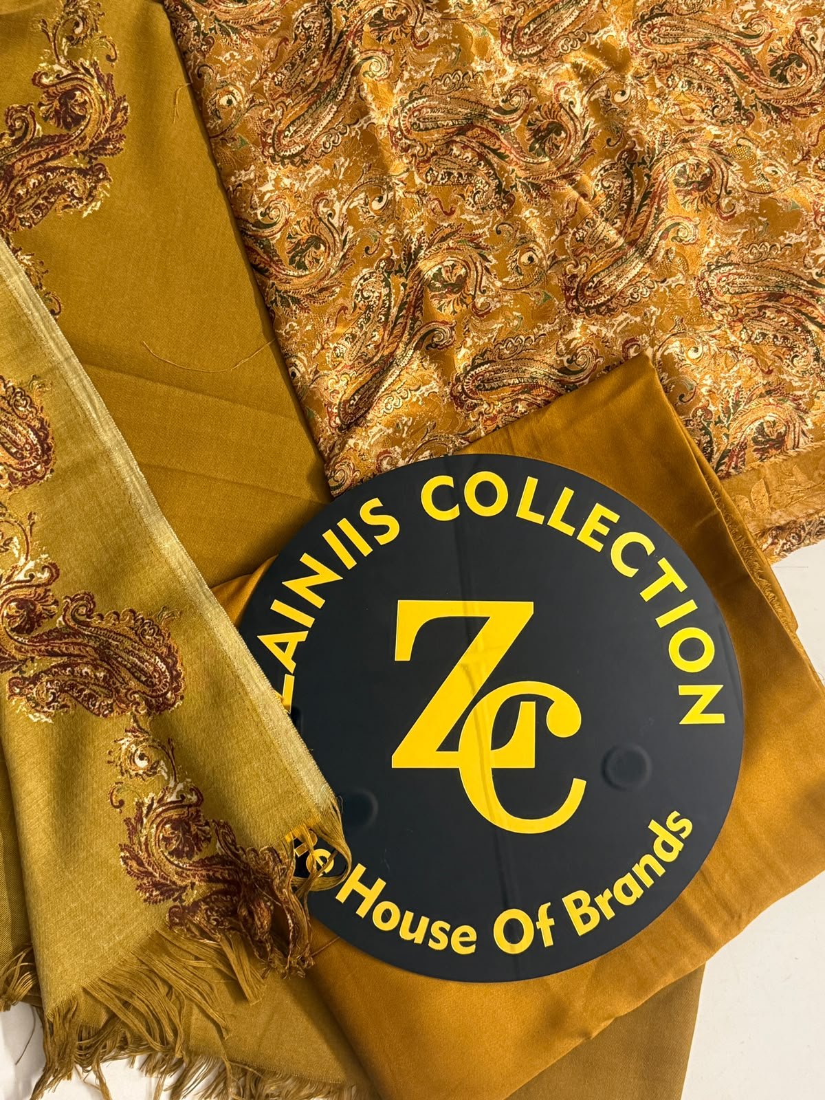 WhatsApp Image 2026-10-09 at 5.35.13 PM (1) China Patti Mustard Gold Printed Shirt with Kani Wool Shawl & Leather Peach Trouser – 3-Piece Suit - Image 1