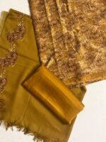 China Patti Mustard Gold Printed Shirt with Kani Wool Shawl & Leather Peach Trouser – 3-Piece Suit - Image 2
