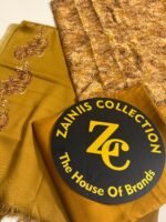China Patti Mustard Gold Printed Shirt with Kani Wool Shawl & Leather Peach Trouser – 3-Piece Suit - Image 3