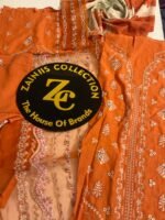 Rust Orange Embroidered Suit with Organza Dupatta – 3 Piece