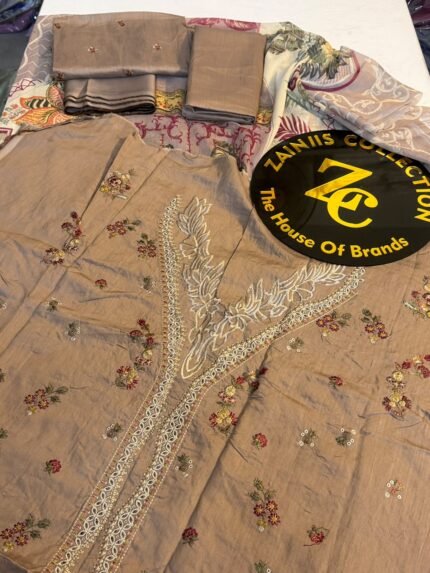 Nureh Beige Embroidered Viscose Suit with Embroidered Neckline