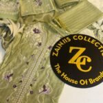 Nureh Olive Green Embroidered Viscose Suit with Floral Detailing