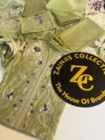 Nureh Olive Green Embroidered Viscose Suit with Floral Detailing