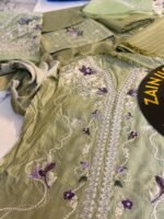 Nureh Olive Green Embroidered Viscose Suit with Floral Detailing - Image 3