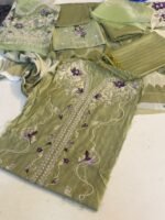 Nureh Olive Green Embroidered Viscose Suit with Floral Detailing - Image 2