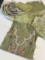 Nureh Olive Green Embroidered Viscose Suit with Floral Neckline - Image 3