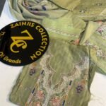 Nureh Olive Green Embroidered Viscose Suit with Floral Neckline