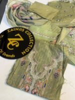 Nureh Olive Green Embroidered Viscose Suit with Floral Neckline