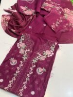 Nureh Maroon Embroidered Viscose Suit with Floral Dupatta – 3 Piece - Image 2