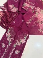 Nureh Maroon Embroidered Viscose Suit with Floral Dupatta – 3 Piece - Image 3