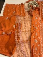 Rust Orange Embroidered Suit with Organza Dupatta – 3 Piece - Image 2