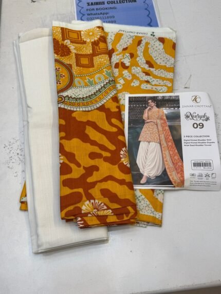Zainab Chottani Nuriyah Collection 09 – Mustard & Rust Printed Khaddar 3-Piece Suit