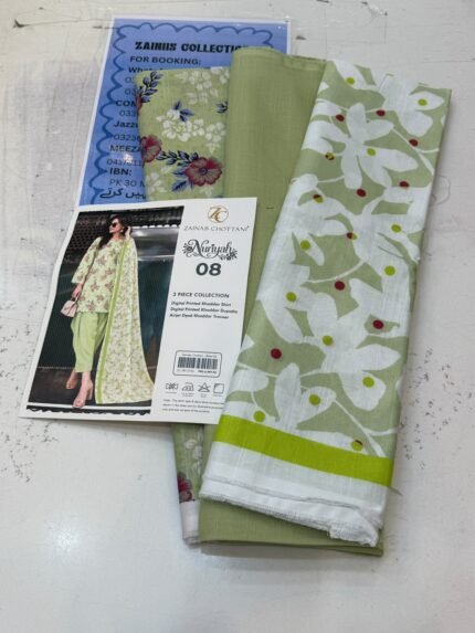 Zainab Chottani Nuriyah Collection 08 – Light Green Floral Printed Khaddar 3-Piece Suit