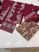 Ethnic Maroon Embroidered Khaddar 3-Piece Winter Suit - Image 2