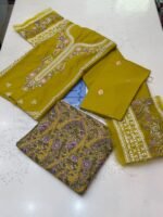 Ethnic Mustard Yellow Embroidered Khaddar 3-Piece Winter Suit - Image 2