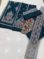 Ethnic Teal Blue Embroidered Khaddar 3-Piece Winter Suit - Image 2