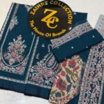 Ethnic Teal Blue Embroidered Khaddar 3-Piece Winter Suit