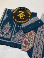 Ethnic Teal Blue Embroidered Khaddar 3-Piece Winter Suit