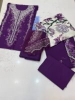 Ethnic Purple Embroidered Khaddar 3-Piece Winter Suit - Image 2