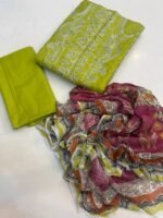 Premium Rangrasiya Embroidered Lawn 3-Piece Suit – Olive Lime Green & Printed Chiffon Dupatta - Image 2