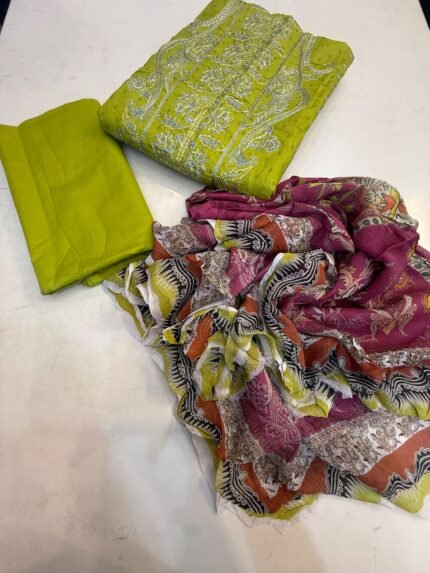 Premium Rangrasiya Embroidered Lawn 3-Piece Suit – Olive Lime Green & Printed Chiffon Dupatta